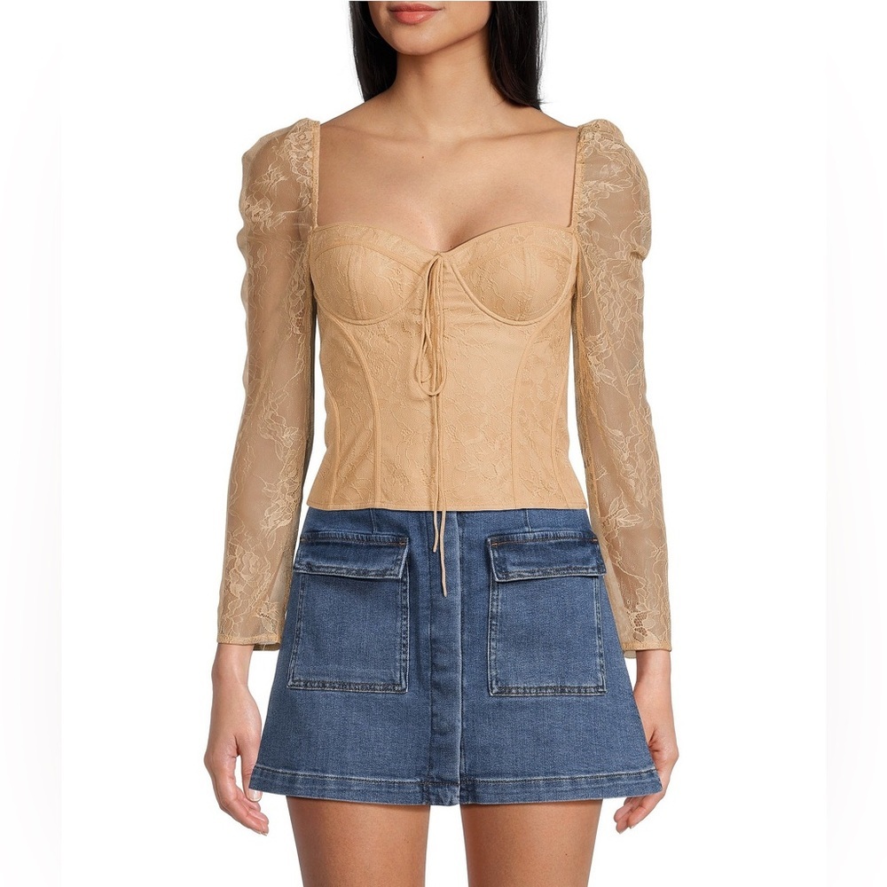NWT Chelsea & Violet Laura Beige Lace Corset Tie Front Fitted Blouse 4